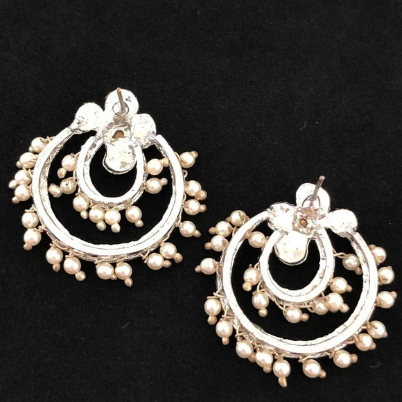 Silver Tone Pearl Crystal Bridal Earrings Bride - Picture 4 of 5